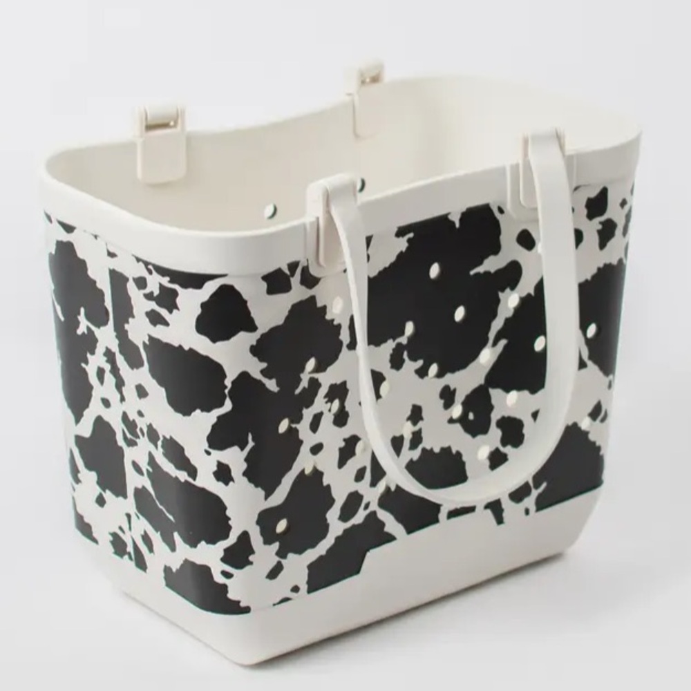 Large White Cow Print Rubber Beach Tote Bogg Style Bag